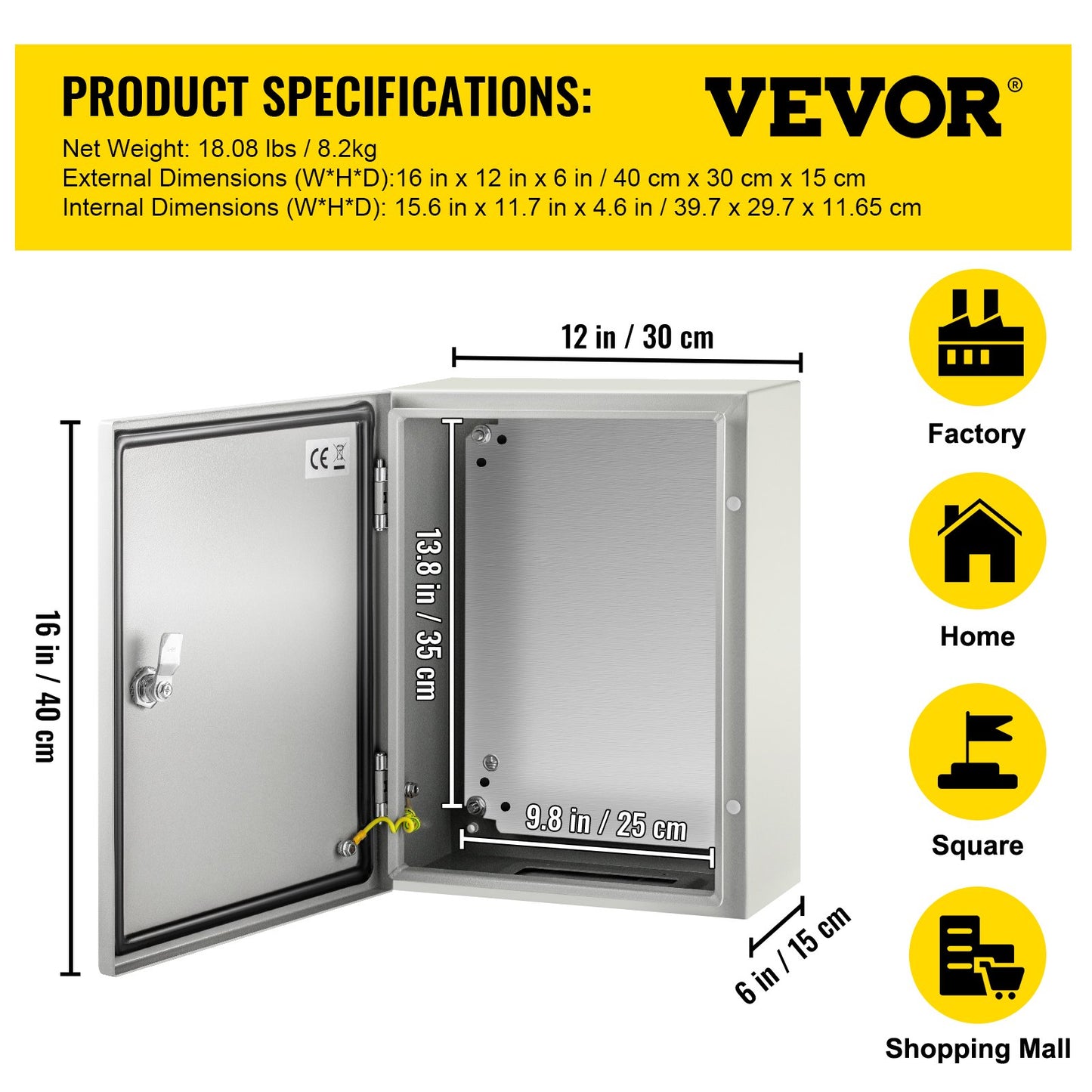 Carbon Steel Electrical Box, 16x12x6 inches, Hinged Cover, IP66 Waterproof & Dust Resistant, Suitable for Outdoor Use, Includes Mounting Plate