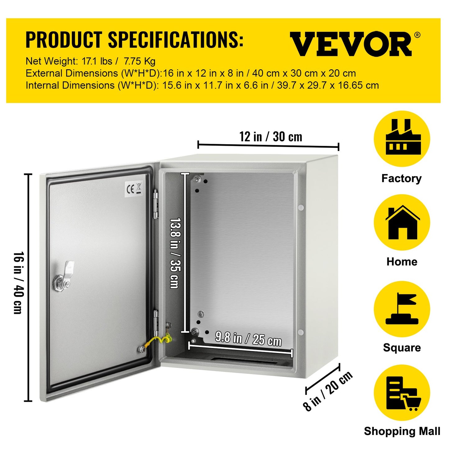 NEMA Steel Case, Dimensions 16x12x8 inches, NEMA 4X Steel Electric Enclosure, IP66 Rated for Water and Dust Resistance, Suitable for Both Outdoor and Indoor Use, Includes Mounting Plate