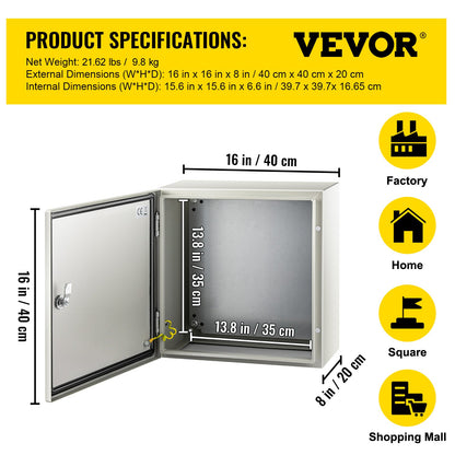 NEMA Steel Enclosure, 16 x 16 x 8\'\' NEMA 4X Steel Electrical Box, IP66 Waterproof & Dustproof, Outdoor/Indoor Electrical Junction Box, with Mounting Plate