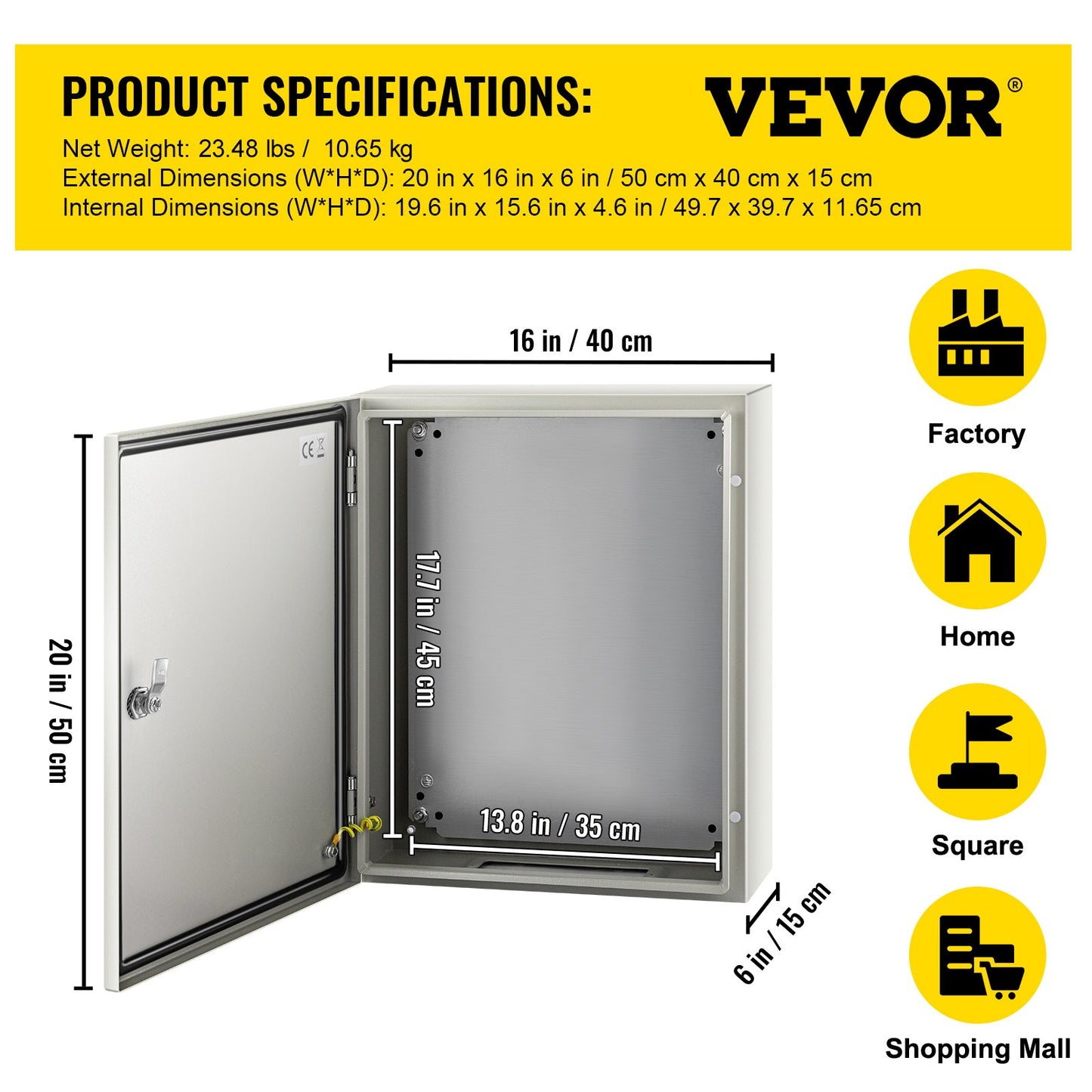 NEMA Steel Case, 20x16x6'' NEMA 4X Metal Electric Enclosure, IP66 Water & Dust Resistant, Suitable for Both Outdoor/Indoor Use, Includes Mounting Plate