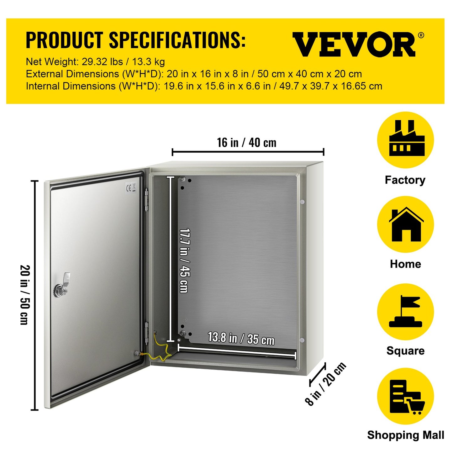 NEMA Steel Case, 20x16x8'' NEMA 4X Metal Electric Enclosure, IP66 Water & Dust Resistant, Suitable for Both Outdoor & Indoor Use, Includes Mounting Plate