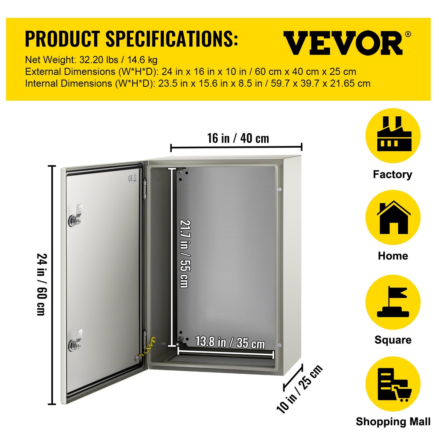 NEMA Steel Enclosure, 24 x 16 x 10\'\' NEMA 4X Steel Electrical Box, IP66 Waterproof & Dustproof, Outdoor/Indoor Electrical Junction Box, with Mounting Plate