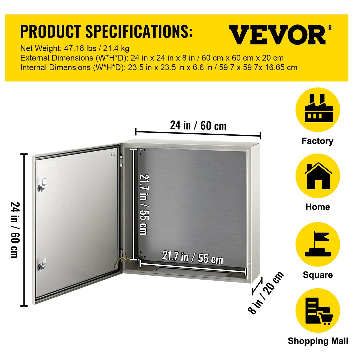 NEMA Steel Case, 24x24x8'' NEMA 4X Metal Electric Enclosure, IP66 Water & Dust Resistant, Suitable for Both Outdoor & Indoor Use, Includes Mounting Plate
