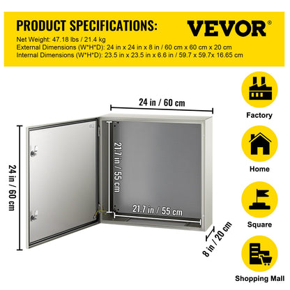 NEMA Steel Case, 24x24x8'' NEMA 4X Metal Electric Enclosure, IP66 Water & Dust Resistant, Suitable for Both Outdoor & Indoor Use, Includes Mounting Plate