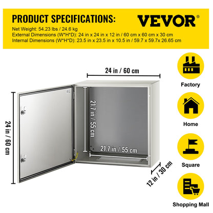 NEMA Metal Case, 24x24x12'' NEMA 4X Metal Electric Enclosure, IP66 Water & Dust Resistant, Suitable for Both Outdoor & Indoor Use, Includes Mounting Plate