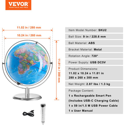 Talking World Globe 9 Inch/228.6mm Interactive Globe for Kids Smart Pen (Map Language: English)