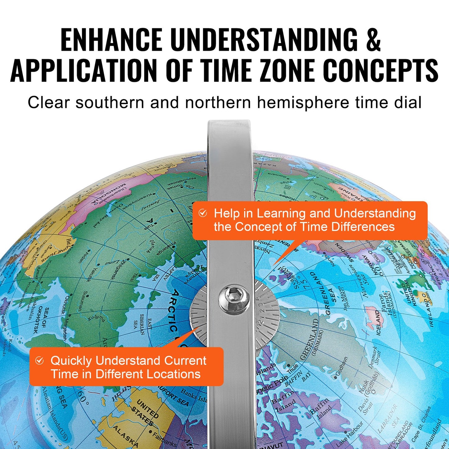 Rotating World Globe with Stand, 13 inch/330.2 mm, Educational Geographic Globe with Accurate Time Zone ABS Material, 720° Spinning Globe for Kids Children Learning Classroom Geography Education (Map Language: English)