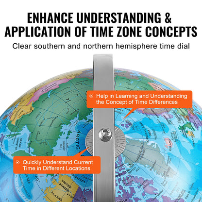 Rotating World Globe with Stand, 13 inch/330.2 mm, Educational Geographic Globe with Accurate Time Zone ABS Material, 720° Spinning Globe for Kids Children Learning Classroom Geography Education (Map Language: English)