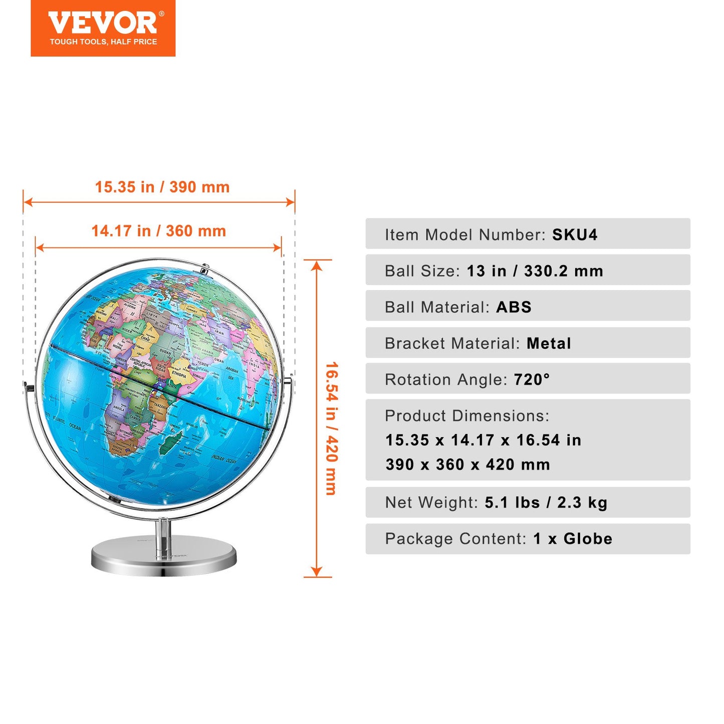 Rotating World Globe with Stand, 13 inch/330.2 mm, Educational Geographic Globe with Accurate Time Zone ABS Material, 720° Spinning Globe for Kids Children Learning Classroom Geography Education (Map Language: English)