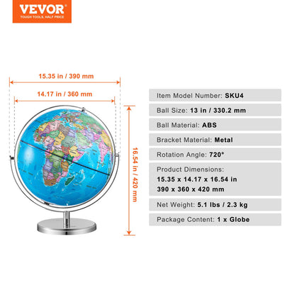 Rotating World Globe with Stand, 13 inch/330.2 mm, Educational Geographic Globe with Accurate Time Zone ABS Material, 720° Spinning Globe for Kids Children Learning Classroom Geography Education (Map Language: English)