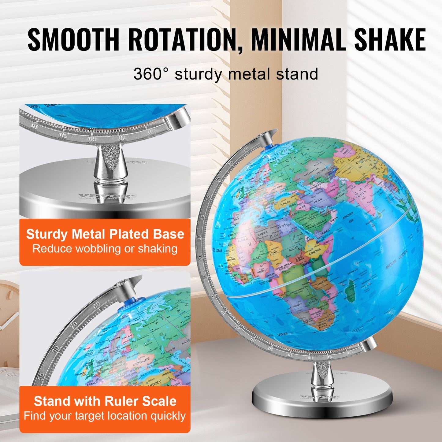 Rotating World Globe with Stand, 8 inch/203.2 mm, Educational Geographic Globe with Accurate Time Zone ABS Material, 360° Spinning Globe for Kids Children Learning Classroom Geography Education (Map Language: English)