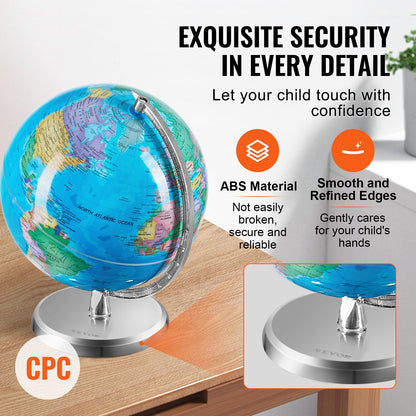 Rotating World Globe with Stand, 8 inch/203.2 mm, Educational Geographic Globe with Accurate Time Zone ABS Material, 360° Spinning Globe for Kids Children Learning Classroom Geography Education (Map Language: English)