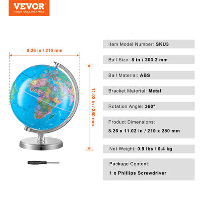 Rotating World Globe with Stand, 8 inch/203.2 mm, Educational Geographic Globe with Accurate Time Zone ABS Material, 360° Spinning Globe for Kids Children Learning Classroom Geography Education (Map Language: English)