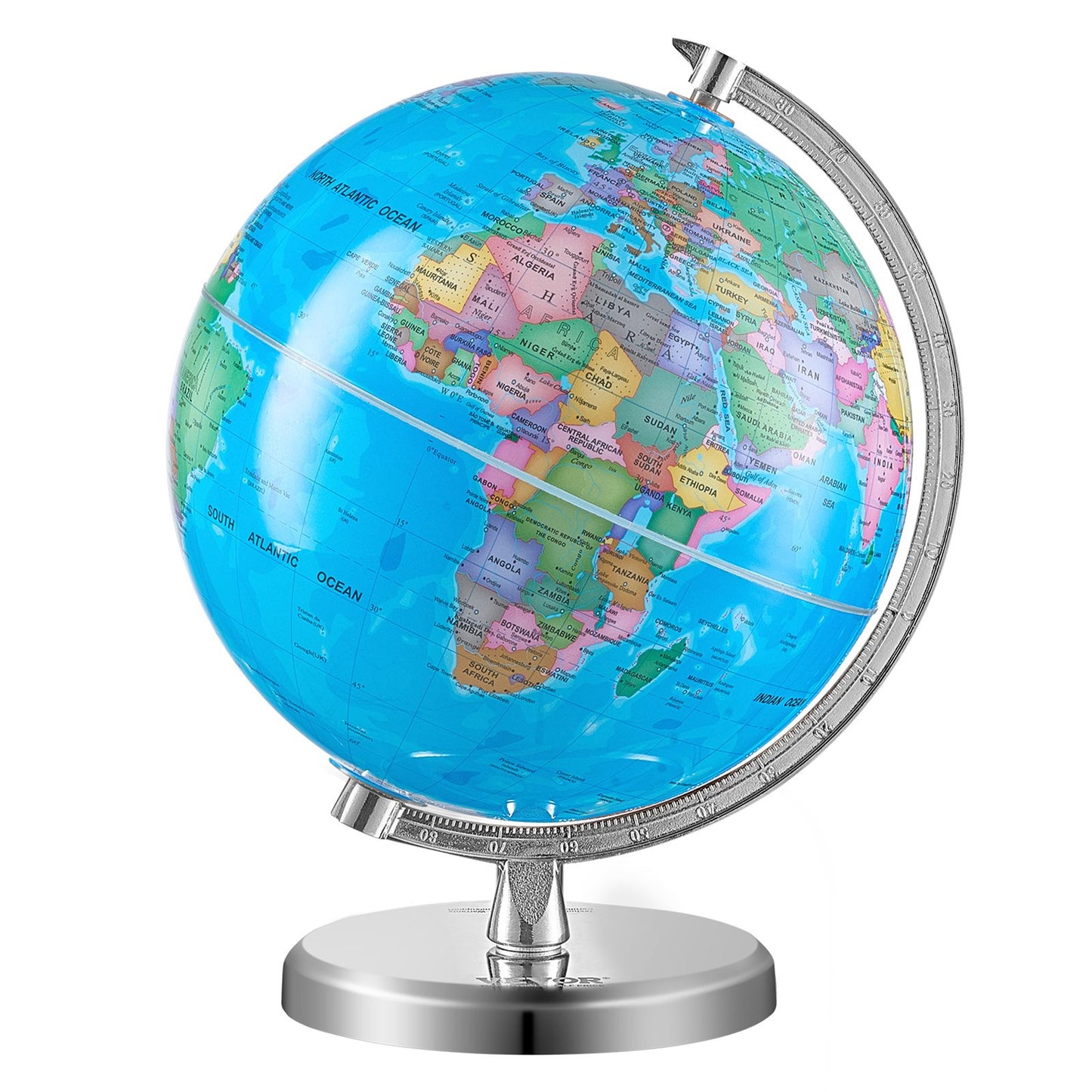 Rotating World Globe with Stand, 8 inch/203.2 mm, Educational Geographic Globe with Accurate Time Zone ABS Material, 360° Spinning Globe for Kids Children Learning Classroom Geography Education (Map Language: English)