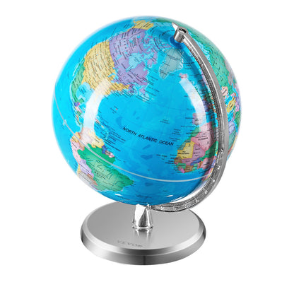 Rotating World Globe with Stand, 8 inch/203.2 mm, Educational Geographic Globe with Accurate Time Zone ABS Material, 360° Spinning Globe for Kids Children Learning Classroom Geography Education (Map Language: English)