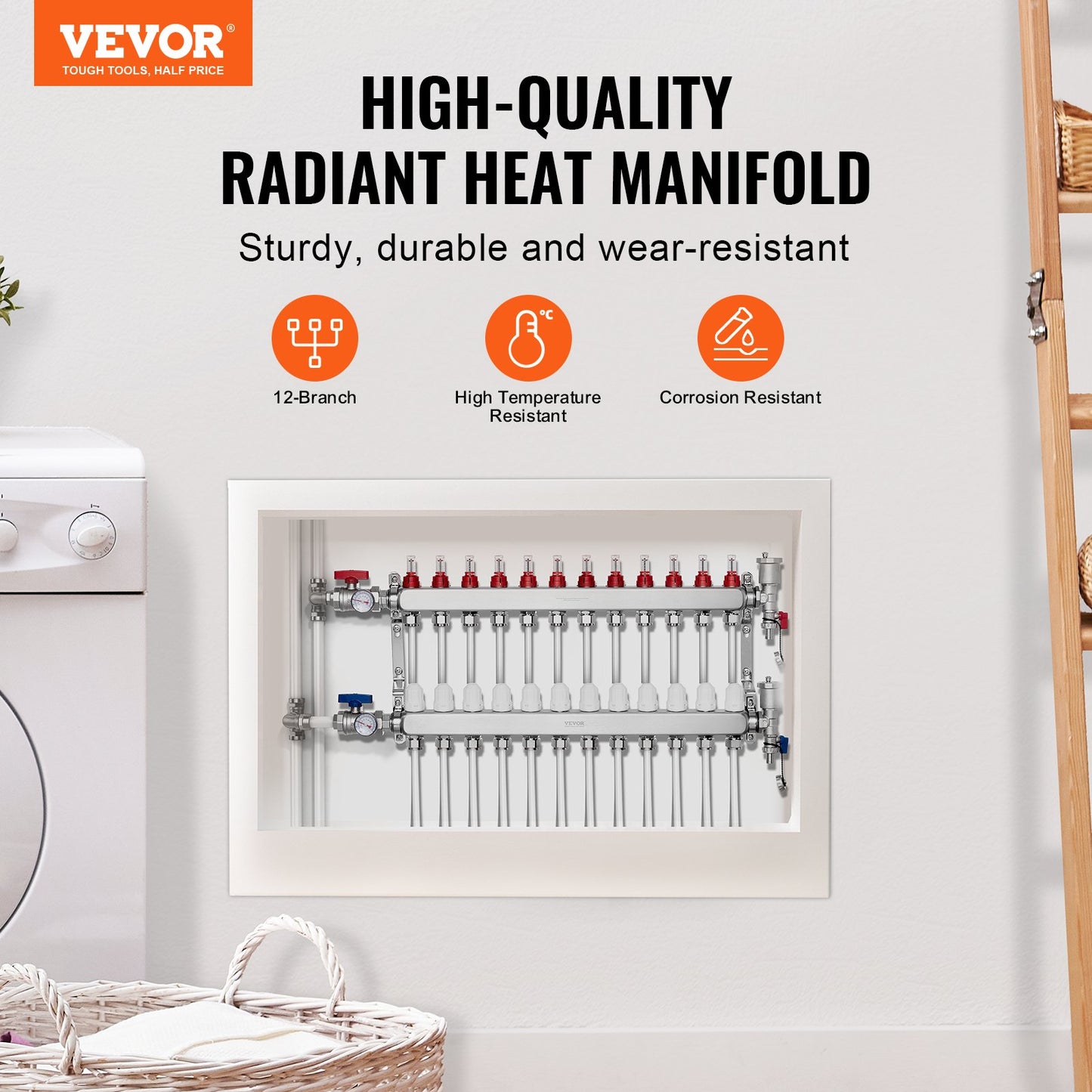 12-branch radiant heating manifold 1/2" PEX pipe floor heating manifold
