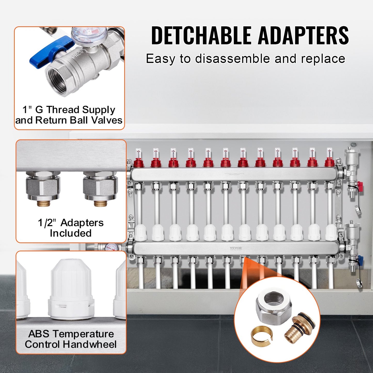 12-branch radiant heating manifold 1/2" PEX pipe floor heating manifold