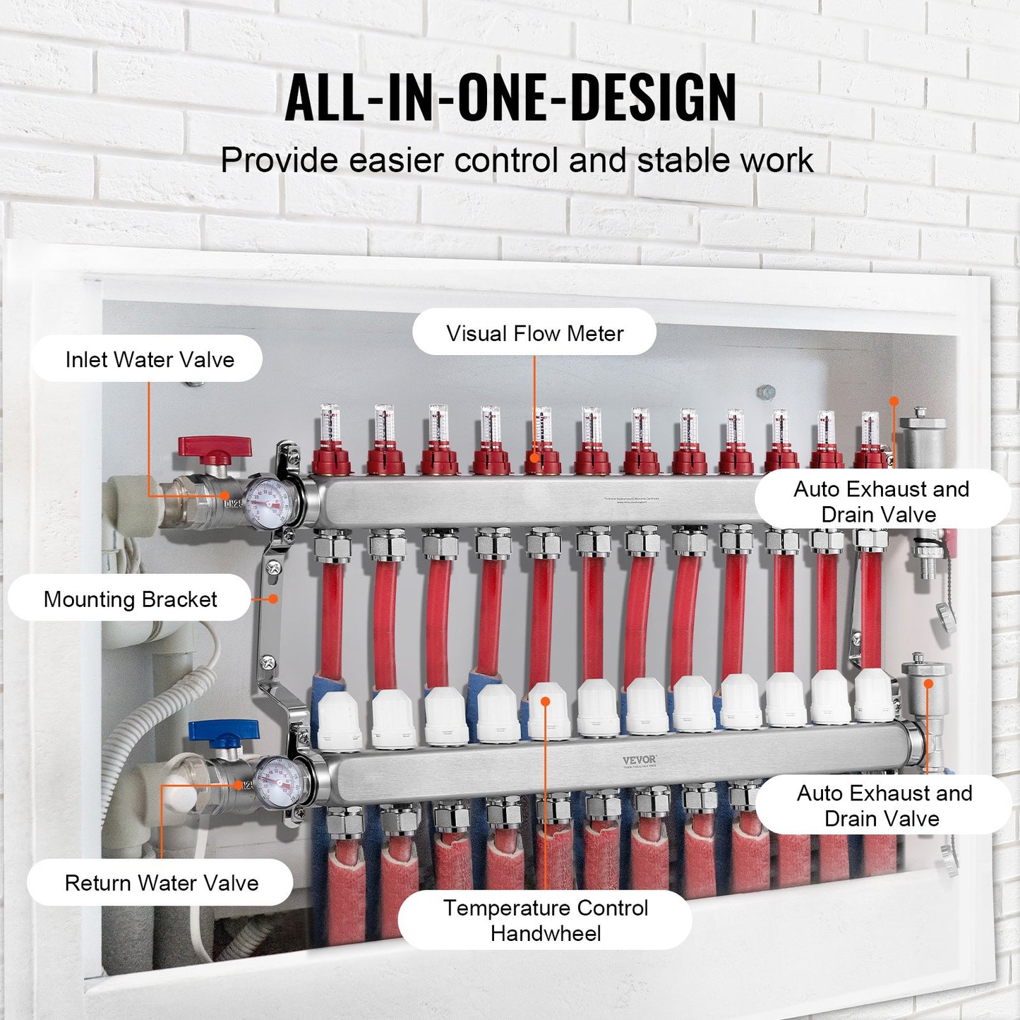 12-branch radiant heating manifold 1/2" PEX pipe floor heating manifold
