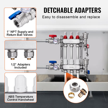 3-Branch Radiant Heat Manifold, 1/2" PEX Tubing Manifold, Stainless Steel PEX Manifold for Hydronic Radiant Floor Heating, Radiant Heat PEX Manifold Kit with 1/2" Adapters Included