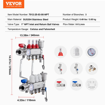3-Branch Radiant Heat Manifold, 1/2" PEX Tubing Manifold, Stainless Steel PEX Manifold for Hydronic Radiant Floor Heating, Radiant Heat PEX Manifold Kit with 1/2" Adapters Included