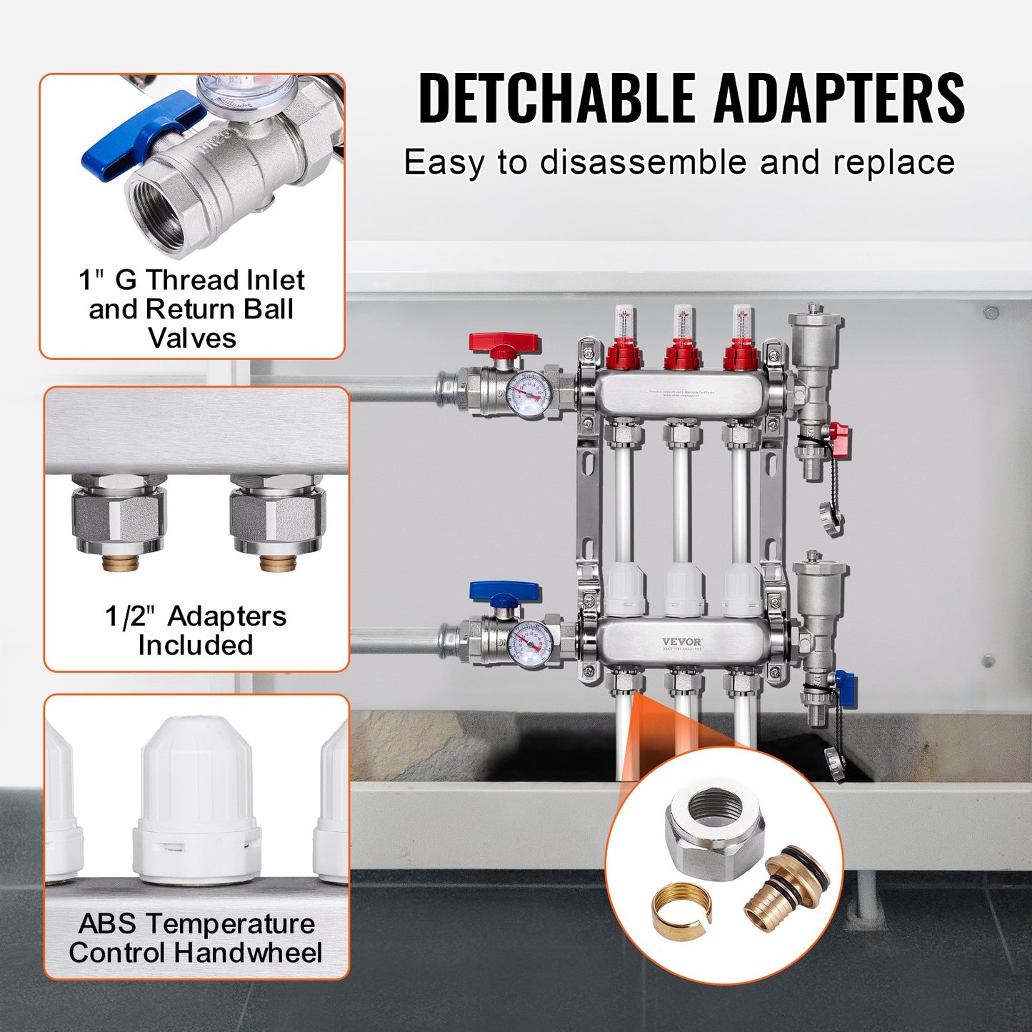 3-branch radiant heat distributor 1/2" PEX hose for floor heating distributor