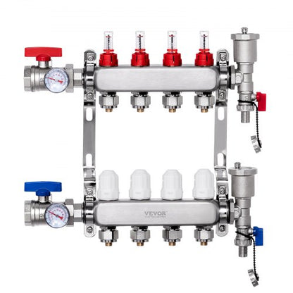 4-Branch Radiant Heat Manifold, 1/2" PEX Tubing Manifold, Stainless Steel PEX Manifold for Hydronic Radiant Floor Heating, Radiant Heat PEX Manifold Kit with 1/2" Adapters Included