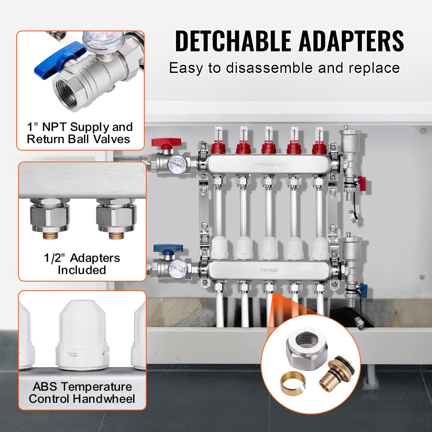 5-Branch Radiant Heat Manifold 1/2" PEX Tubing Floor Heating Manifold Set
