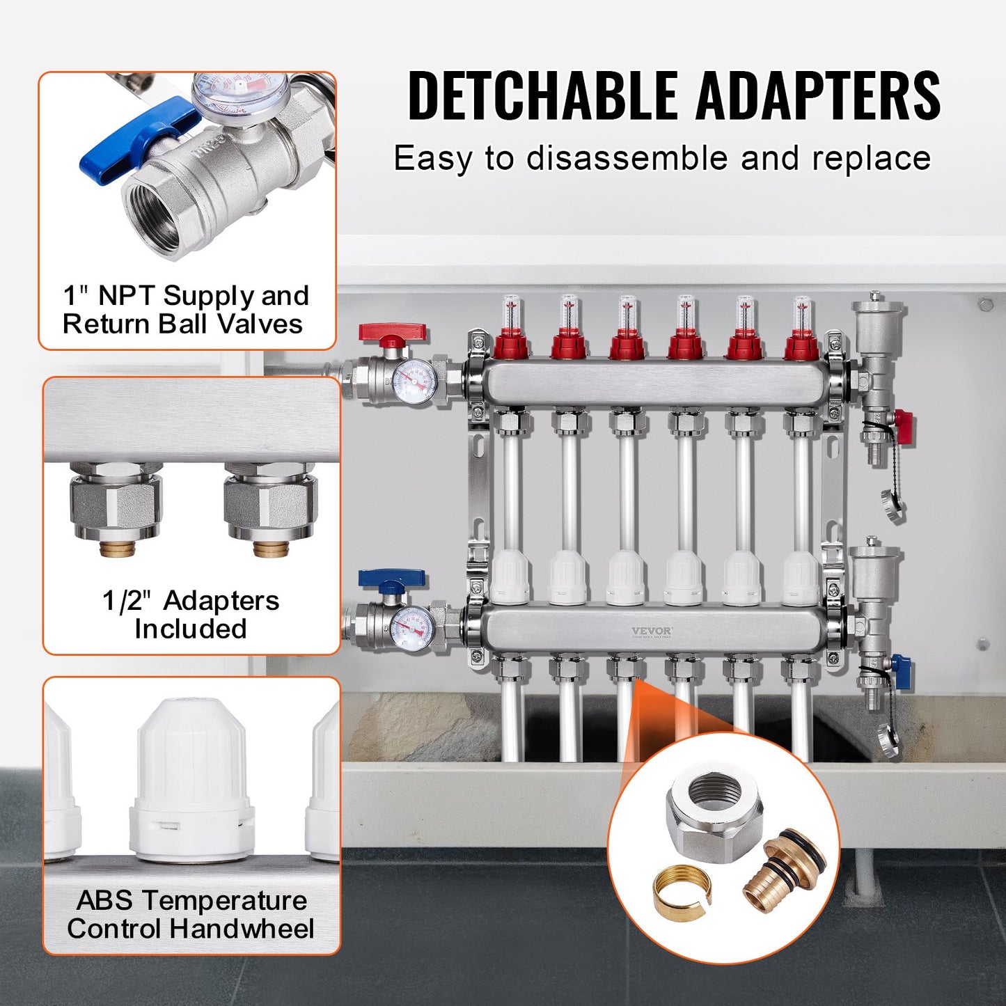 6-branch radiant heat distributor 1/2" PEX pipe floor heating distributor