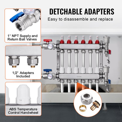 6-branch radiant heat distributor 1/2" PEX pipe floor heating distributor