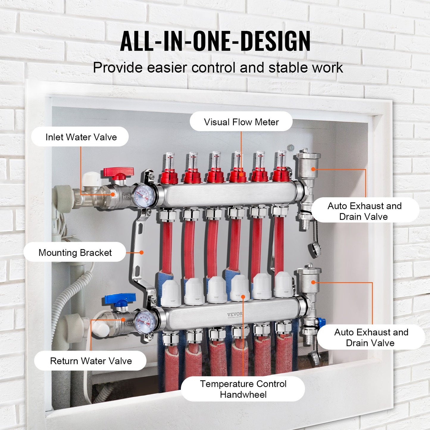 6-branch radiant heat distributor 1/2" PEX pipe floor heating distributor