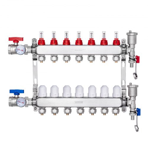 7-Branch Radiant Heat Manifold, 1/2" PEX Tubing Manifold, Stainless Steel PEX Manifold for Hydronic Radiant Floor Heating, Radiant Heat PEX Manifold Kit with 1/2" Adapters Included