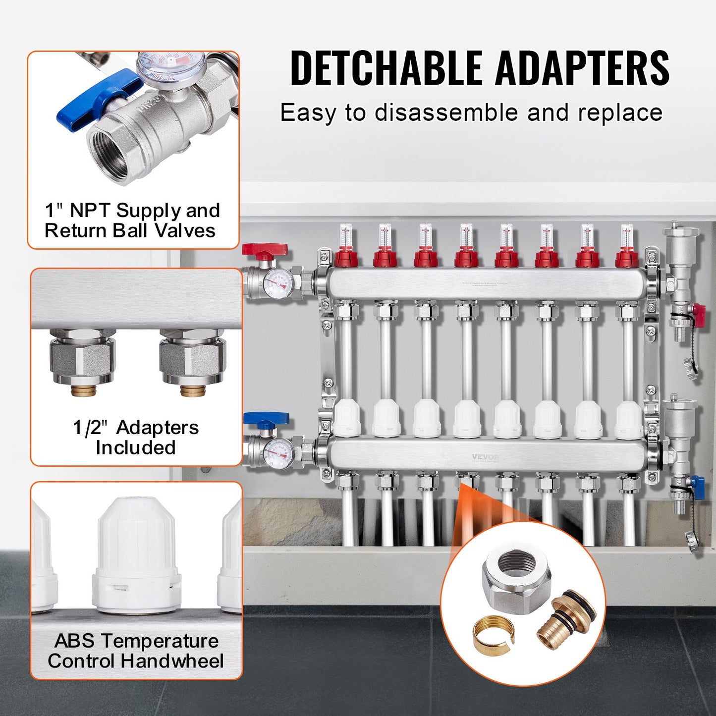 8-Branch Radiant Heat Manifold, 1/2" PEX Tubing Manifold, Stainless Steel PEX Manifold for Hydronic Radiant Floor Heating, Radiant Heat PEX Manifold Kit with 1/2" Adapters Included