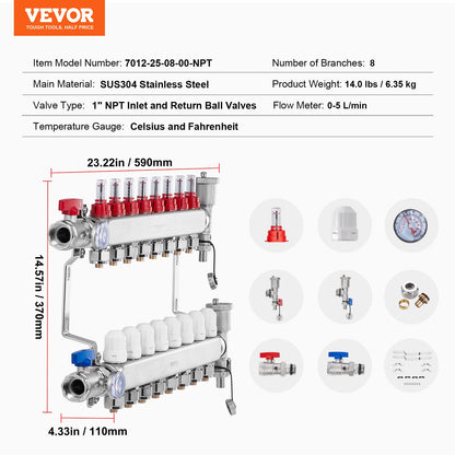 8-Branch Radiant Heat Manifold, 1/2" PEX Tubing Manifold, Stainless Steel PEX Manifold for Hydronic Radiant Floor Heating, Radiant Heat PEX Manifold Kit with 1/2" Adapters Included