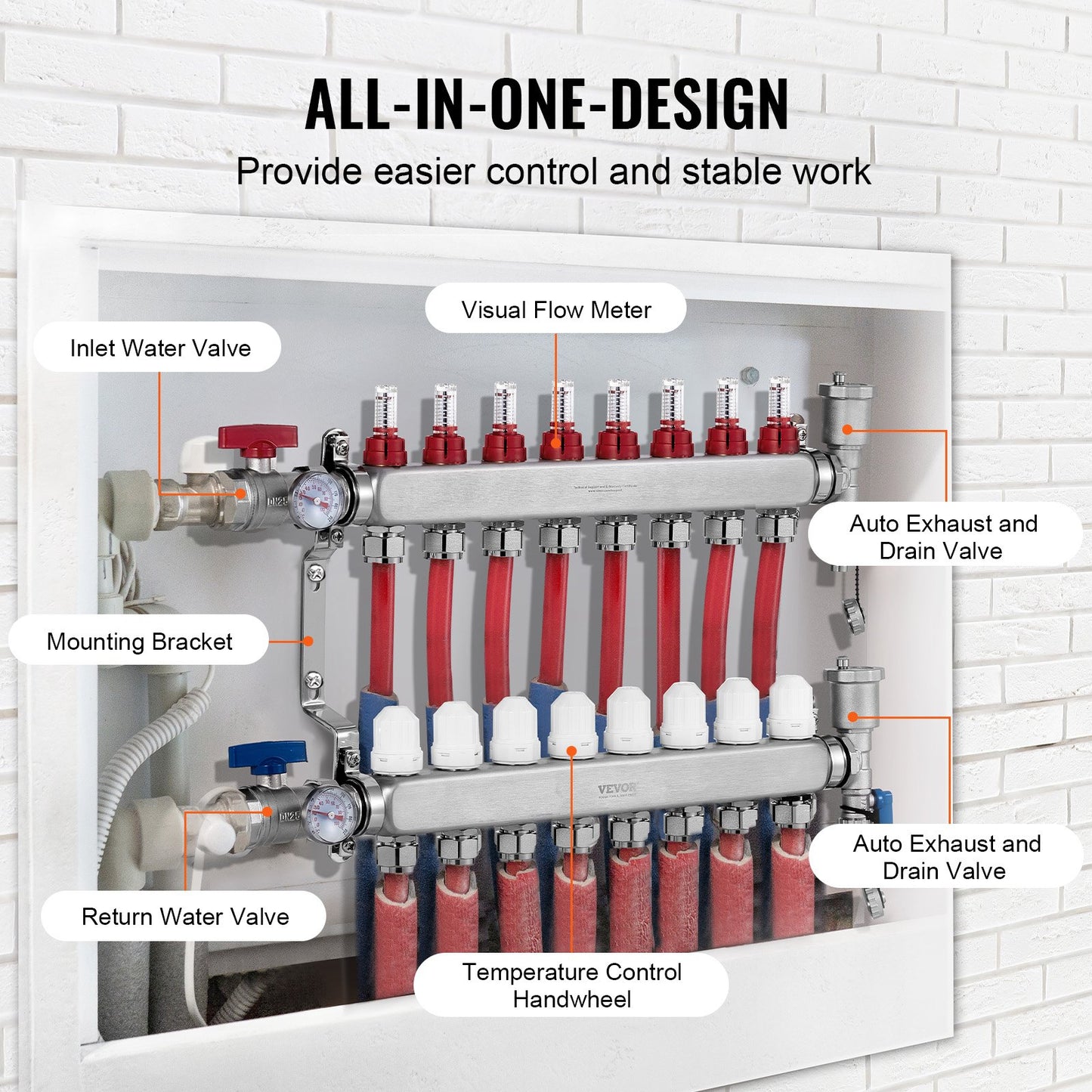 8-branch radiant heating manifold 1/2" PEX pipe floor heating manifold