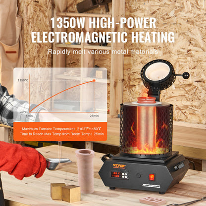 Gold Melting Furnace, 1350W, 2102 ℉ Max Temperature, Digital Electric Melting Furnace with 1 kg and 3 kg Ceramic Crucibles, Crucible Tongs, and Gloves, for Gold, Silver, Aluminum, Copper