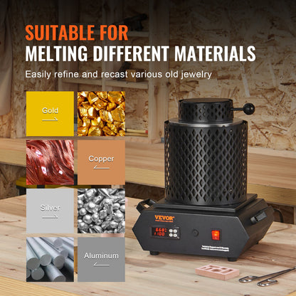 Gold Melting Furnace, 1350W, 2102 ℉ Max Temperature, Digital Electric Melting Furnace with 1 kg and 3 kg Ceramic Crucibles, Crucible Tongs, and Gloves, for Gold, Silver, Aluminum, Copper