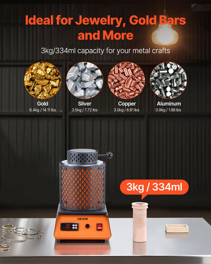 Electric Melting Furnace, 1350W Electric Metal Smelter Foundry, 2102℉/1150℃ Metal Smelting Machine with 3kg Ceramic Crucible, Gold Smelting Kit for Jewelry Making, Metal Bars, Metal Components