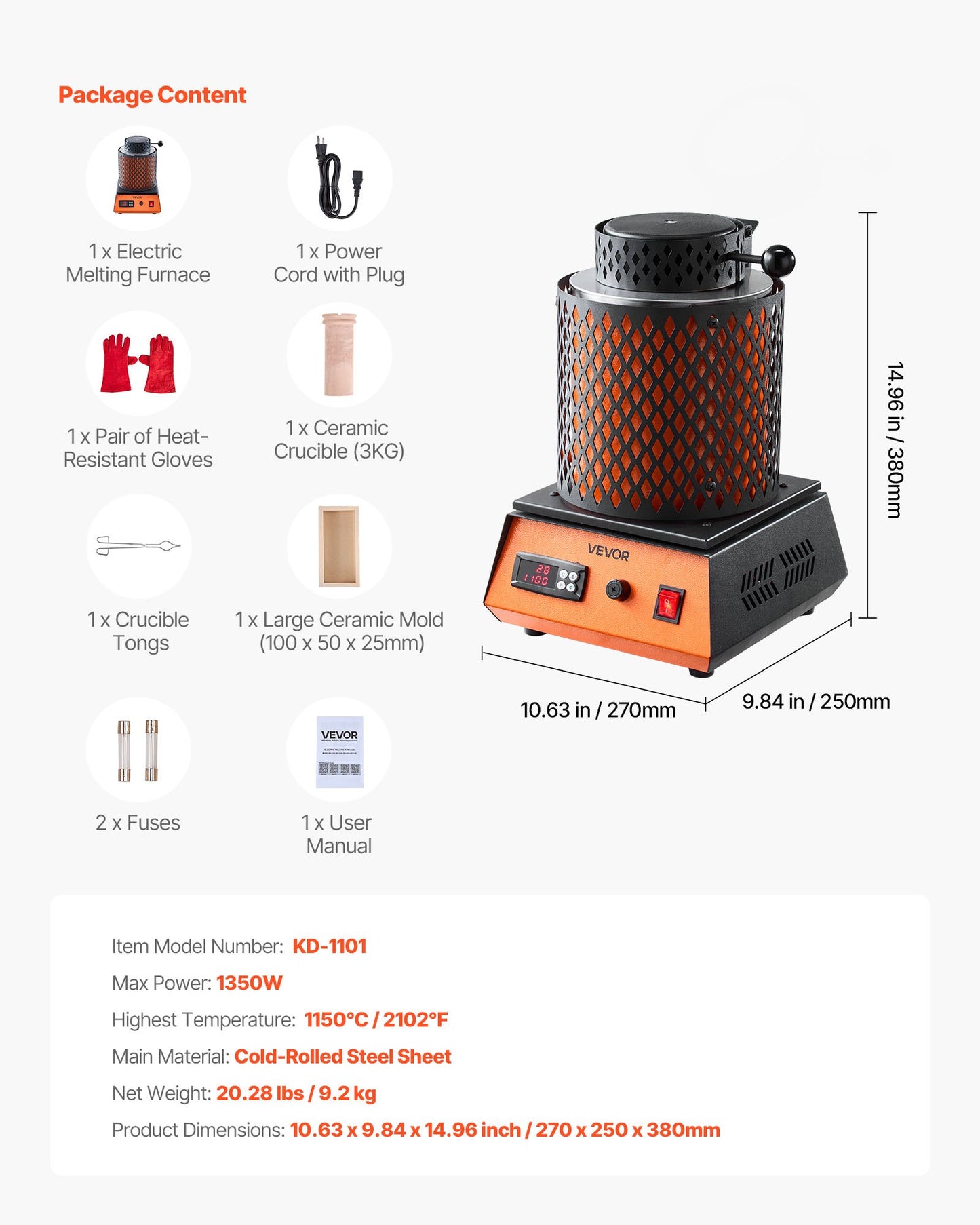 Electric Melting Furnace, 1350W Electric Metal Smelter Foundry, 2102℉/1150℃ Metal Smelting Machine with 3kg Ceramic Crucible, Gold Smelting Kit for Jewelry Making, Metal Bars, Metal Components