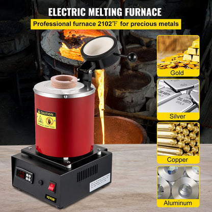 Gold Melting Furnace, 1350W, 2102 ℉ Max Temperature, 3 kg Digital Electric Melting Furnace, with 1 kg and 3 kg Ceramic Crucible and Ingot Die for Processing of Gold, Silver, Aluminum, Copper
