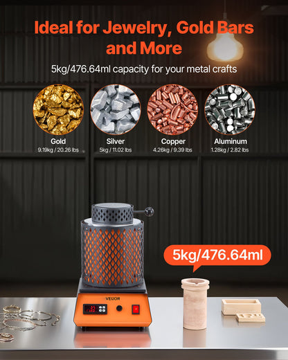 Electric Melting Furnace, 1500W Electric Metal Smelter Foundry, 2102℉/1150℃ Metal Smelting Machine with 5kg Ceramic Crucible, Gold Smelting Kit for Jewelry Making, Metal Bars, Metal Components