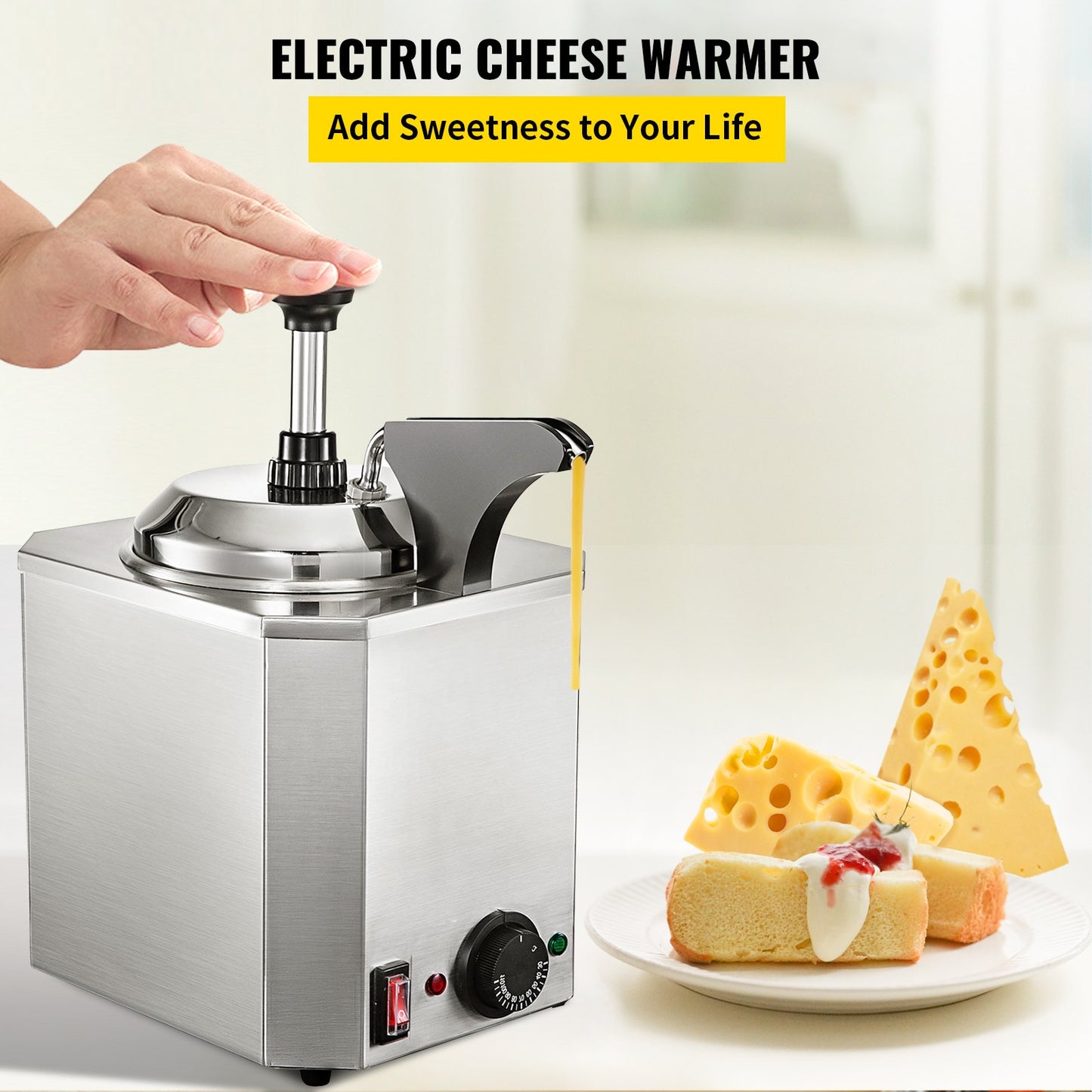 Cheese Dispenser with Pump, 2.6 Qt Capacity Cheese Warmer, Stainless Steel Hot Fudge Warmer with Pump 650W Cheese Dispenser, 30-110℃ Temp Adjustable, for Hot Fudge Cheese Caramel