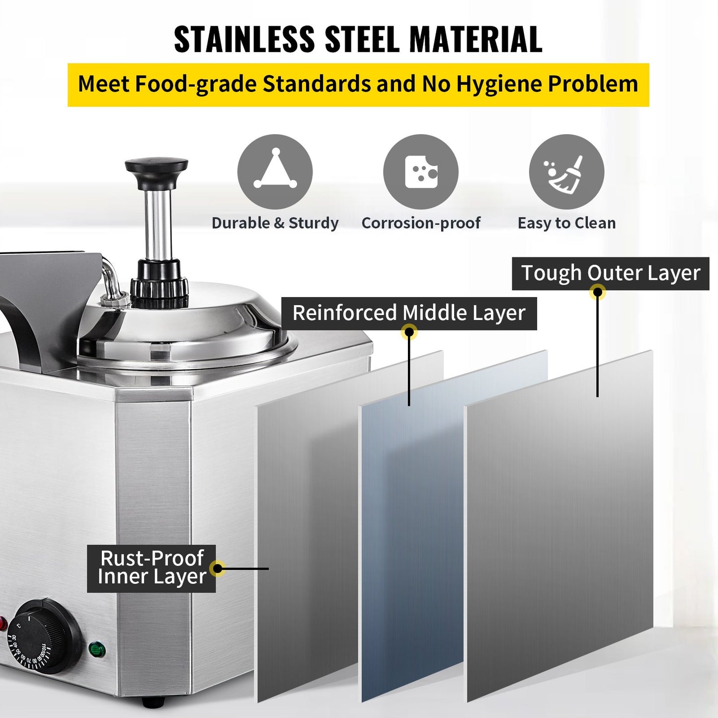 Cheese Dispenser with Pump, 2.6 Qt Capacity Cheese Warmer, Stainless Steel Hot Fudge Warmer with Pump 650W Cheese Dispenser, 30-110℃ Temp Adjustable, for Hot Fudge Cheese Caramel