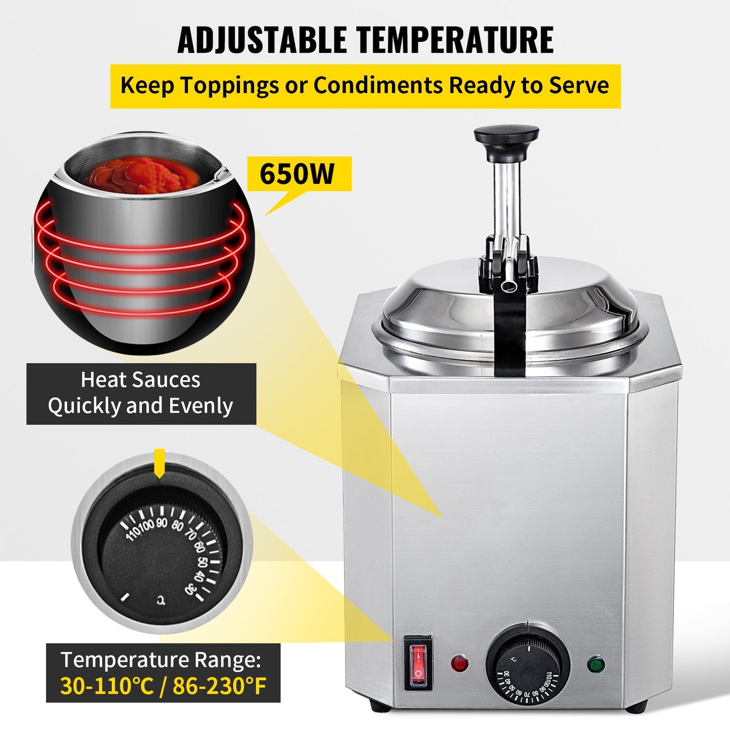 Cheese Dispenser with Pump, 2.6 Qt Capacity Cheese Warmer, Stainless Steel Hot Fudge Warmer with Pump 650W Cheese Dispenser, 30-110℃ Temp Adjustable, for Hot Fudge Cheese Caramel