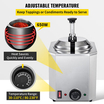 Cheese Dispenser with Pump, 2.6 Qt Capacity Cheese Warmer, Stainless Steel Hot Fudge Warmer with Pump 650W Cheese Dispenser, 30-110℃ Temp Adjustable, for Hot Fudge Cheese Caramel