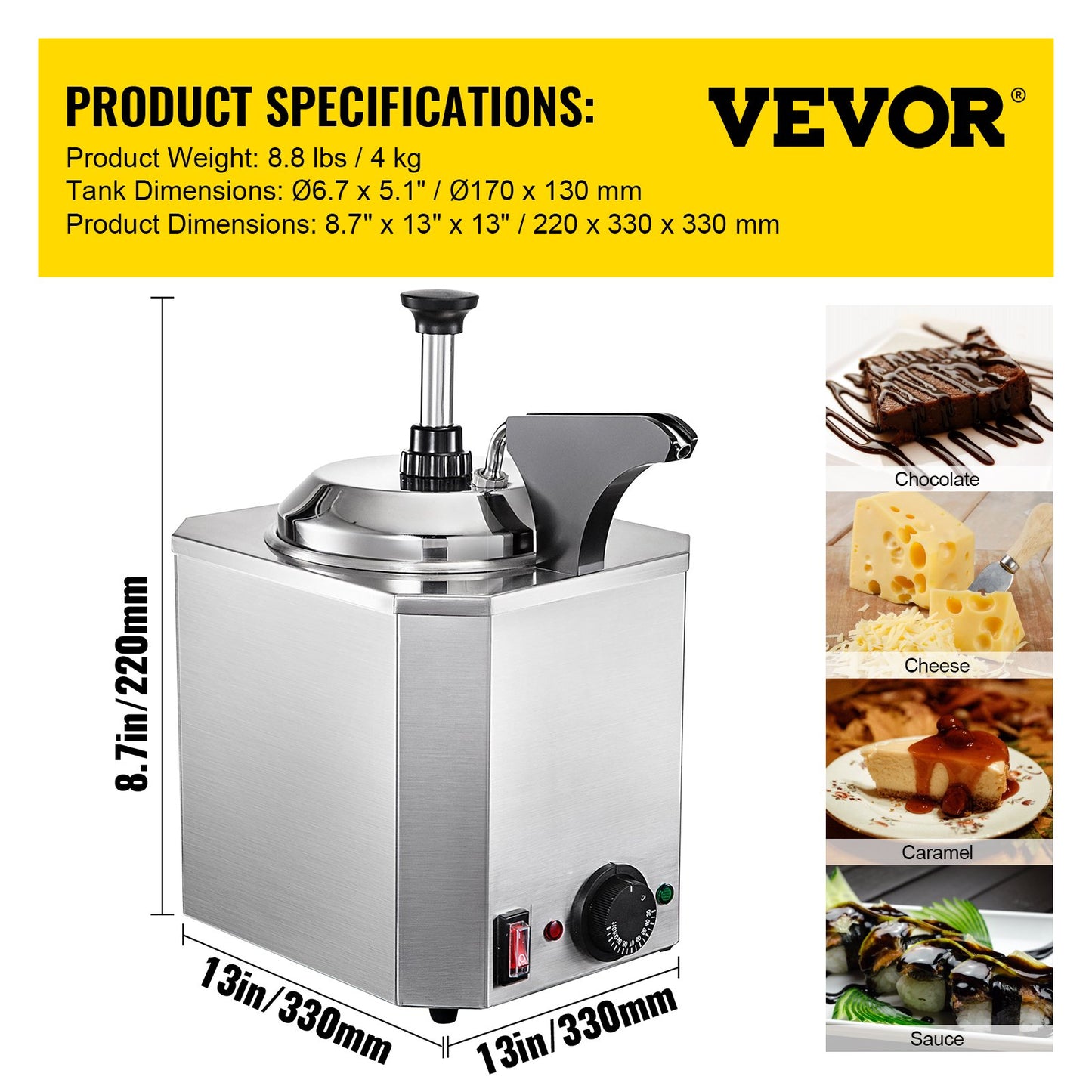 Cheese Dispenser with Pump, 2.6 Qt Capacity Cheese Warmer, Stainless Steel Hot Fudge Warmer with Pump 650W Cheese Dispenser, 30-110℃ Temp Adjustable, for Hot Fudge Cheese Caramel