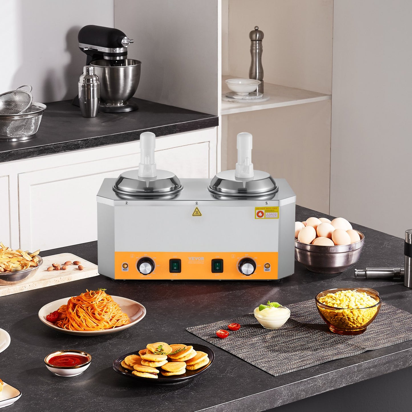 Electric Cheese Dispenser with Pumps, 2.4x2 L Commercial Hot Fudge Warmer, Plastic Double Pumps Dispenser, 86-230℉ Temp Adjustable Nacho Cheese Sauce Warmer, for Hot Fudge Cheese Caramel