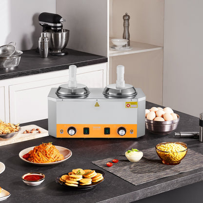 Electric Cheese Dispenser with Pumps, 2.4x2 L Commercial Hot Fudge Warmer, Plastic Double Pumps Dispenser, 86-230℉ Temp Adjustable Nacho Cheese Sauce Warmer, for Hot Fudge Cheese Caramel