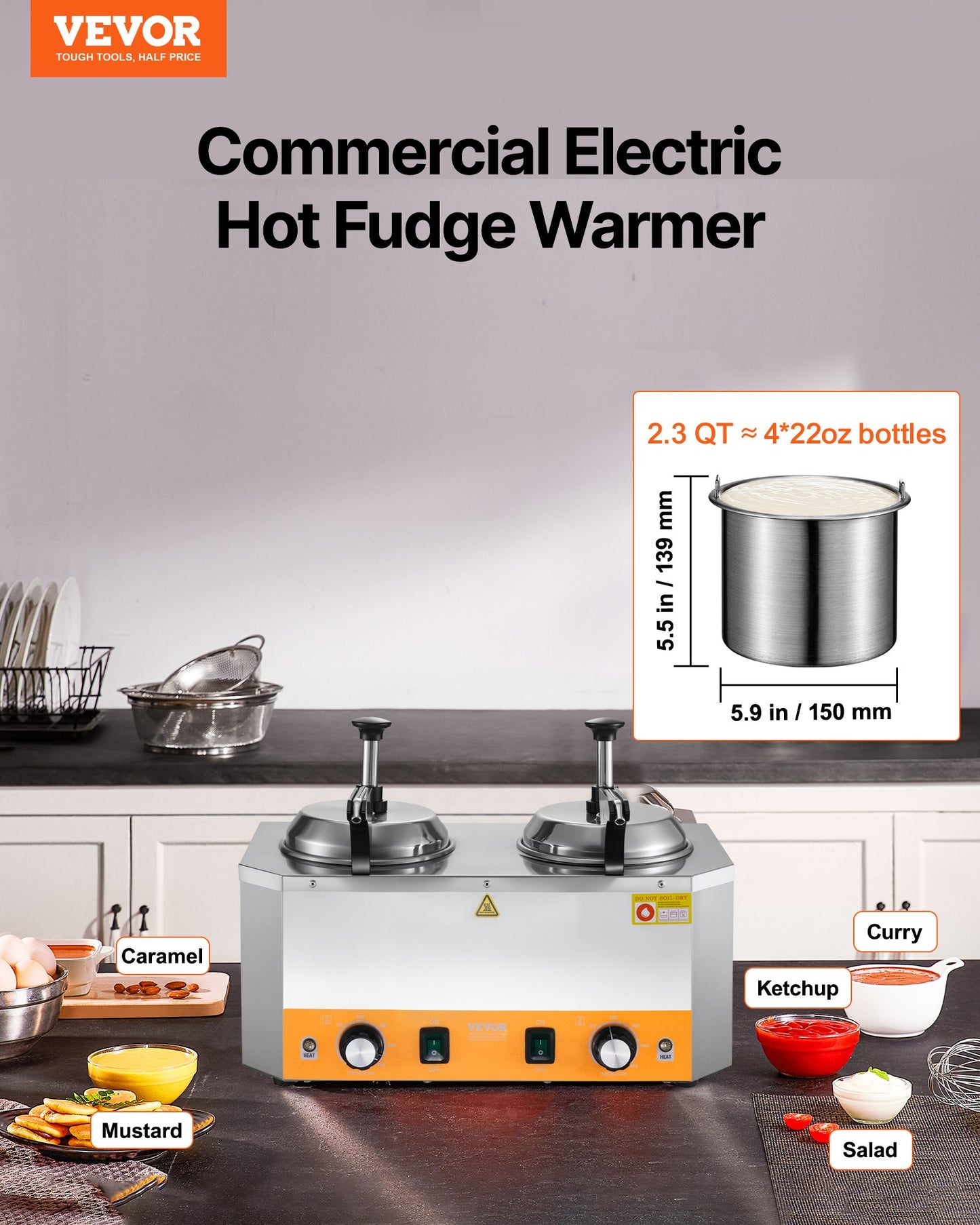 Electric Cheese Dispenser with Pumps, 2.4x2 L Commercial Hot Fudge Warmer, Stainless Steel Heated Double Pumps Dispenser, 86-230℉ Temp Adjustable Nacho Cheese Warmer for Fudge Cheese Caramel