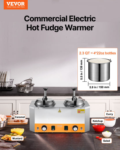 Electric Cheese Dispenser with Pumps, 2.4x2 L Commercial Hot Fudge Warmer, Stainless Steel Heated Double Pumps Dispenser, 86-230℉ Temp Adjustable Nacho Cheese Warmer for Fudge Cheese Caramel