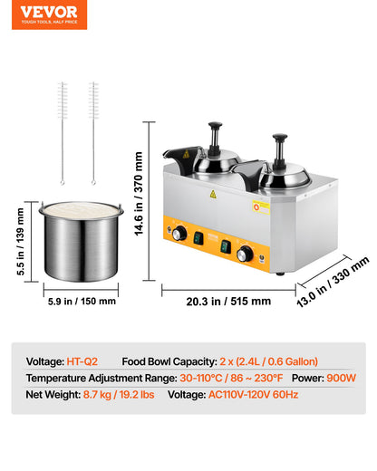 Electric Cheese Dispenser with Pumps, 2.4x2 L Commercial Hot Fudge Warmer, Stainless Steel Heated Double Pumps Dispenser, 86-230℉ Temp Adjustable Nacho Cheese Warmer for Fudge Cheese Caramel